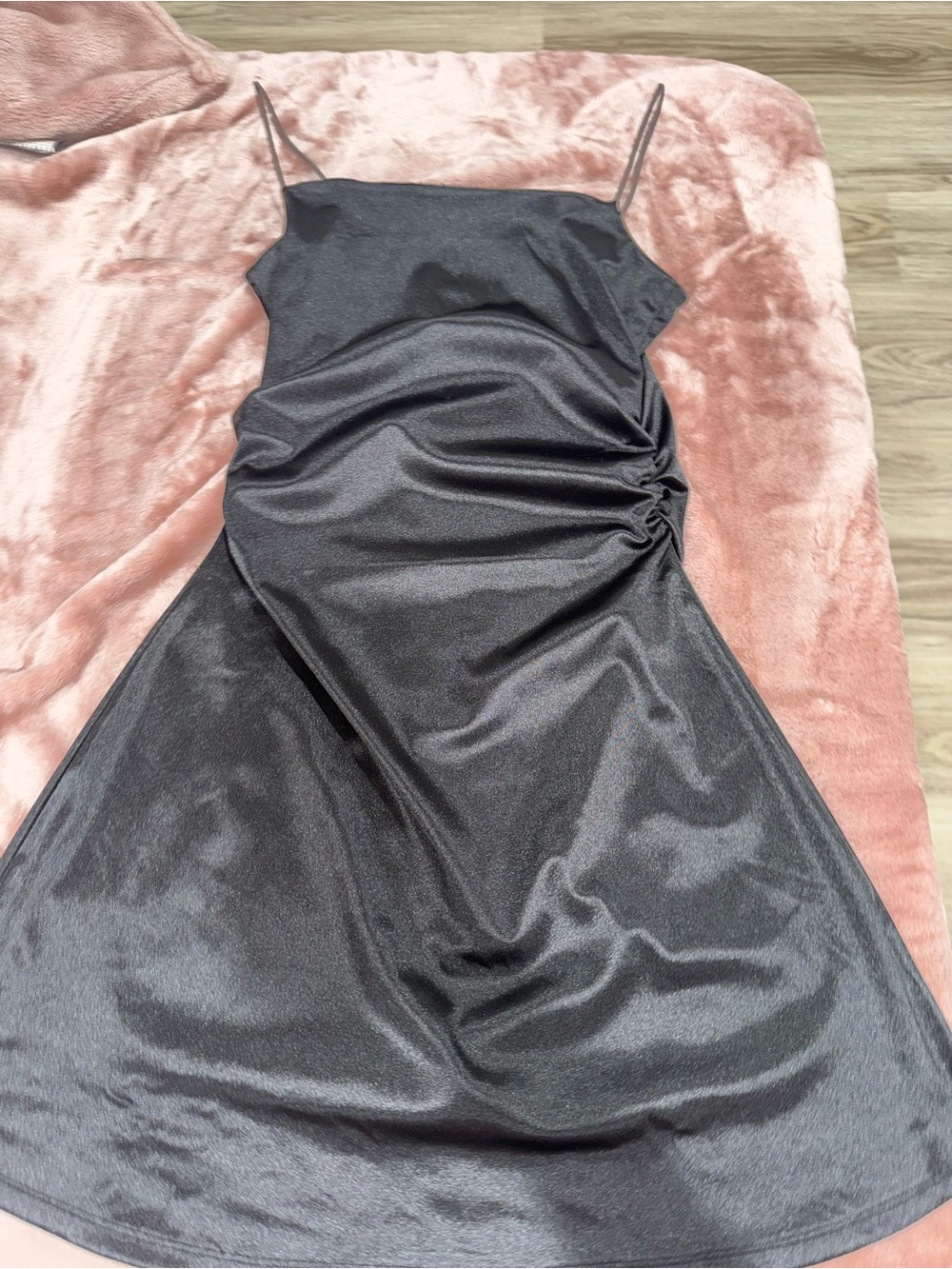 Satin Slip Dress with Ruched Side - Black